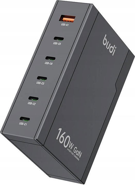 ŁADOWARKA SIECIOWA BUDI 350 GAN PD+ QC3.0 5XUSB-C+1XUSB-A 160W US/UK/EU CZARNA