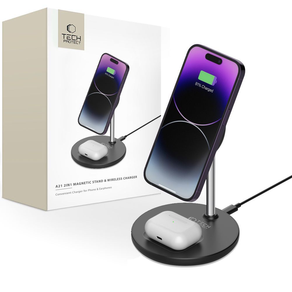 ŁADOWARKA INDUKCYJNA 2W1 TECH-PROTECT QI15W-A21 2IN1 MAGNETIC MAGSAFE WIRELESS CHARGER CZARNA