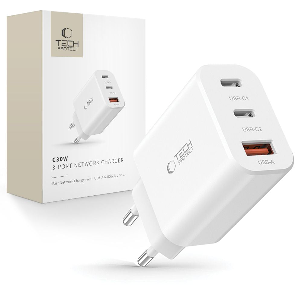 ŁADOWARKA SIECIOWA TECH-PROTECT NC30W 3-PORT NETWORK CHARGER PD30W/QC3.0 BIAŁA