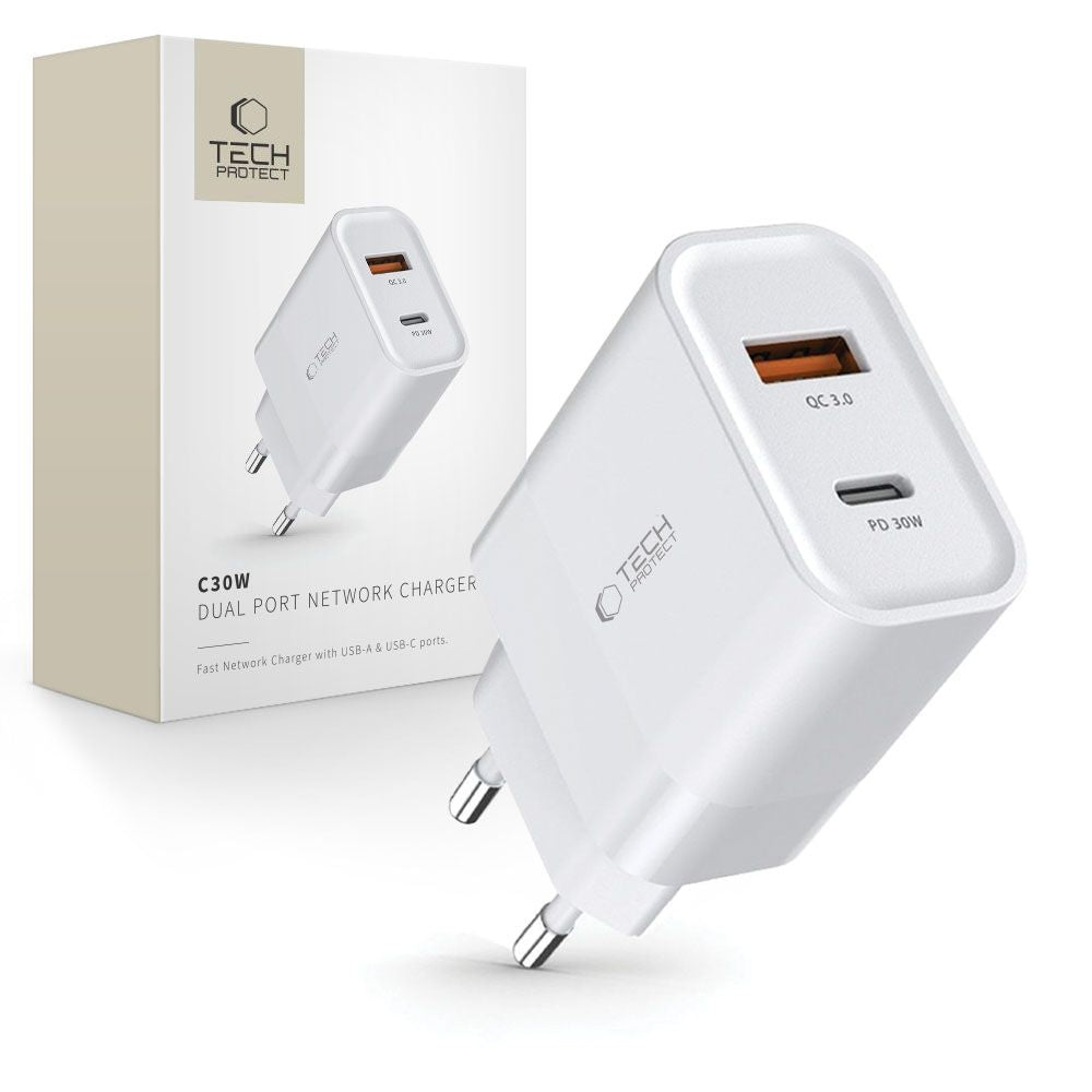 ŁADOWARKA SIECIOWA TECH-PROTECT C30W 2-PORT NETWORK CHARGER PD30W/QC3.0 BIAŁA