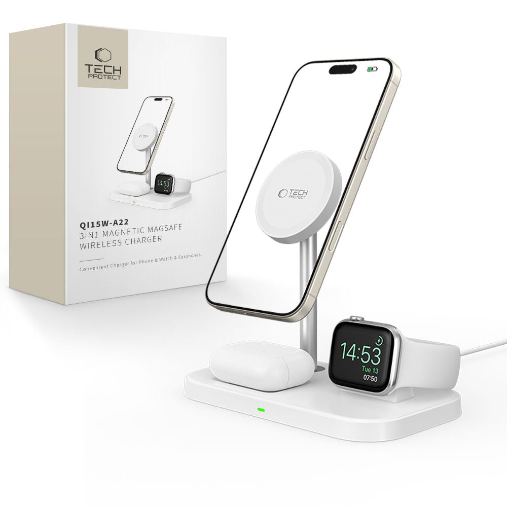 ŁADOWARKA INDUKCYJNA 3W1 TECH-PROTECT QI15W-A22 MAGNETIC MAGSAFE WIRELESS CHARGER BIAŁA