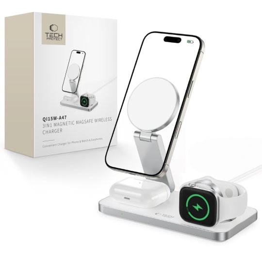 ŁADOWARKA INDUKCYJNA 3W1 TECH-PROTECT QI15W-A47 3IN1 MAGNETIC MAGSAFE WIRELESS CHARGER WHITE BIAŁA