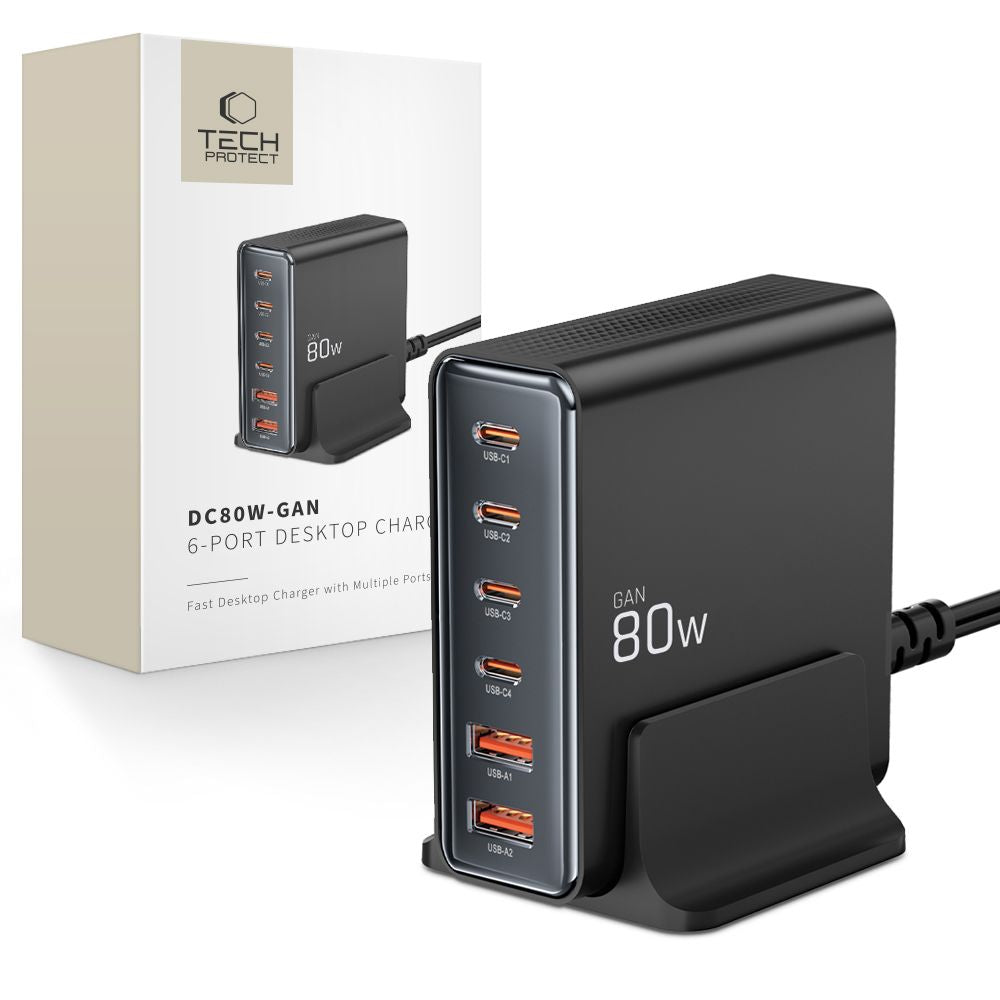 STACJA ŁADOWANIA ŁADOWARKA TECH-PROTECT DC80W-GAN 6-PORT DESKTOP CHARGER PD80W/QC3.0 CZARNA