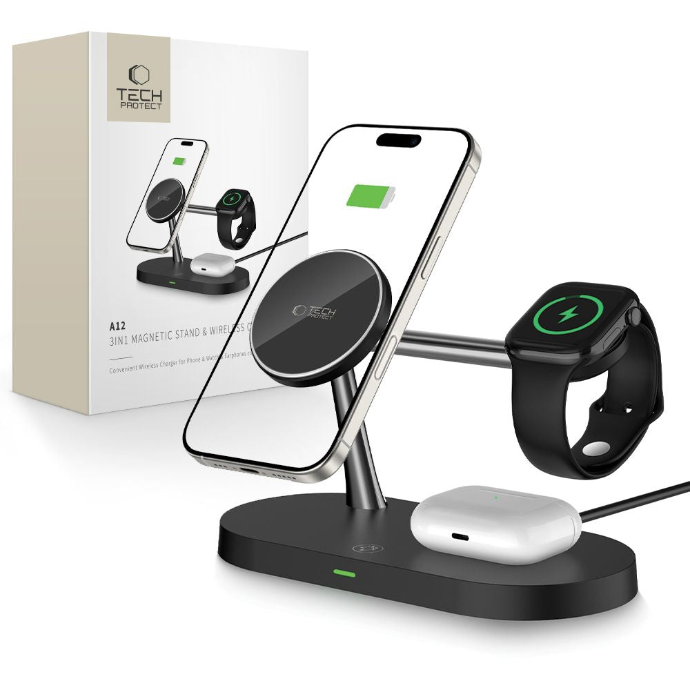 ŁADOWARKA INDUKCYJNA 3W1 TECH-PROTECT A12 3IN1 MAGNETIC MAGSAFE WIRELESS CHARGER CZARNA