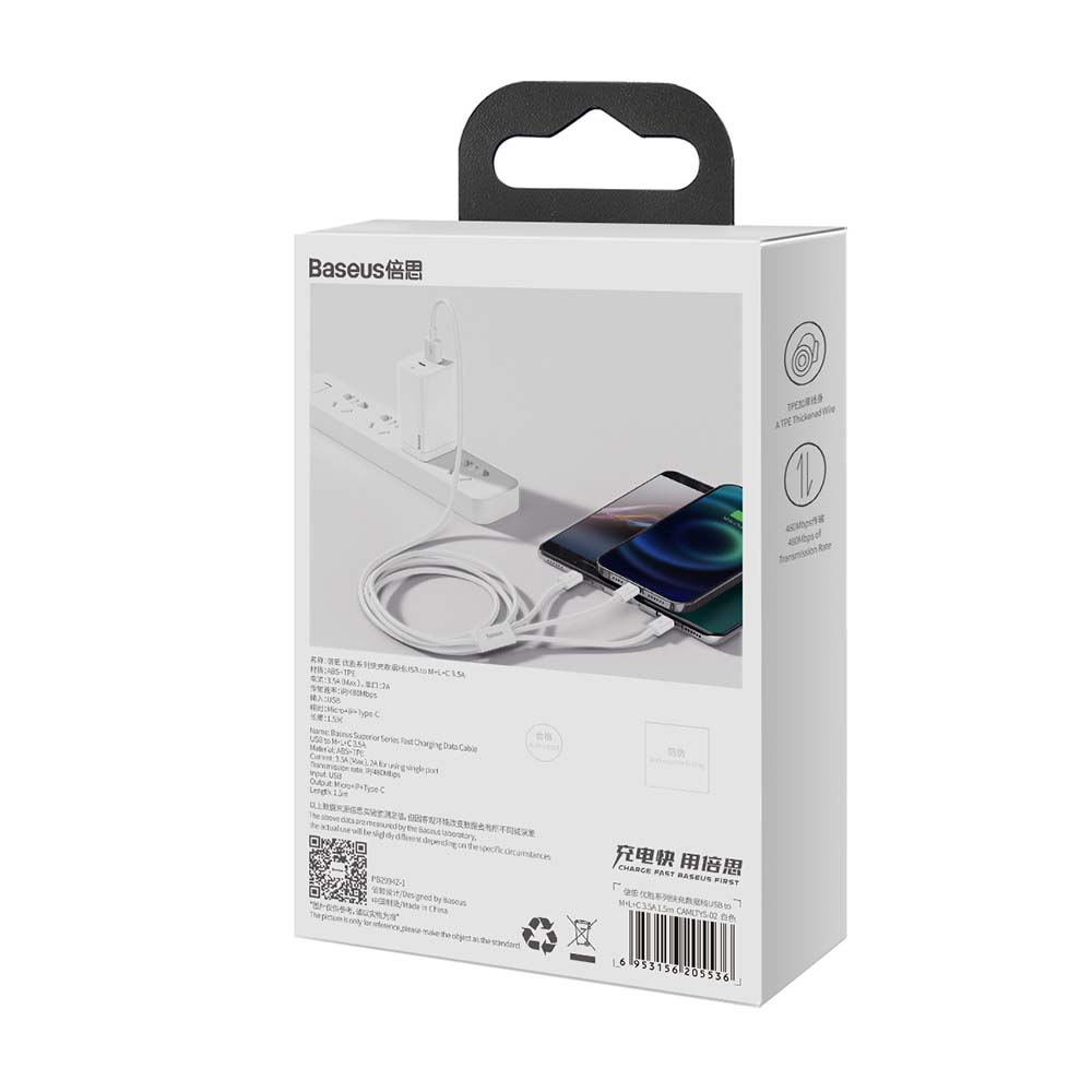 BASEUS KABEL 3W1 SUPERIOR USB - LIGHTNING + USB-C + MICRO USB 1,5 M 3,5A BIAŁY