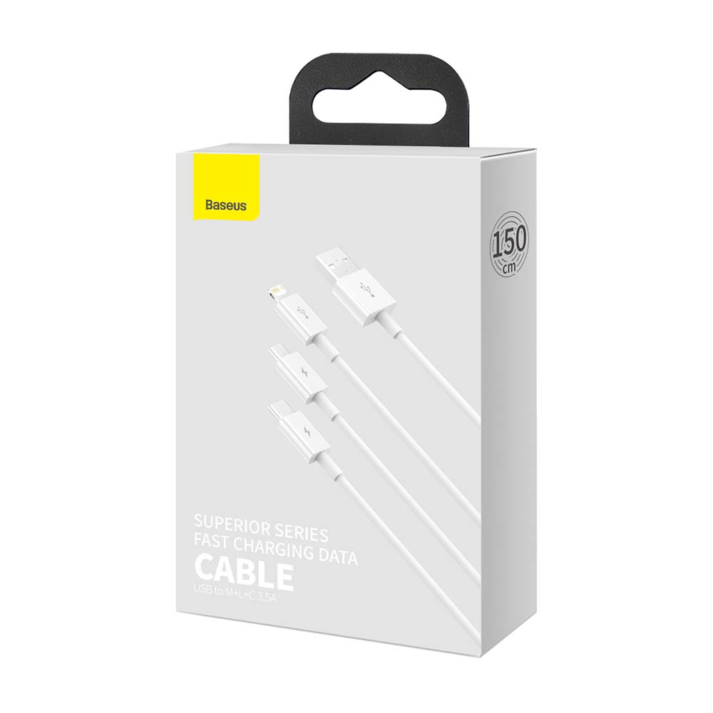 BASEUS KABEL 3W1 SUPERIOR USB - LIGHTNING + USB-C + MICRO USB 1,5 M 3,5A BIAŁY