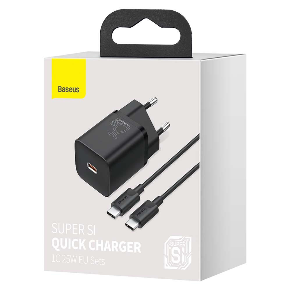 BASEUS ŁADOWARKA SIECIOWA SUPER SI PD 25W 1X USB-C CZARNA + KABEL USB-C - USB-C