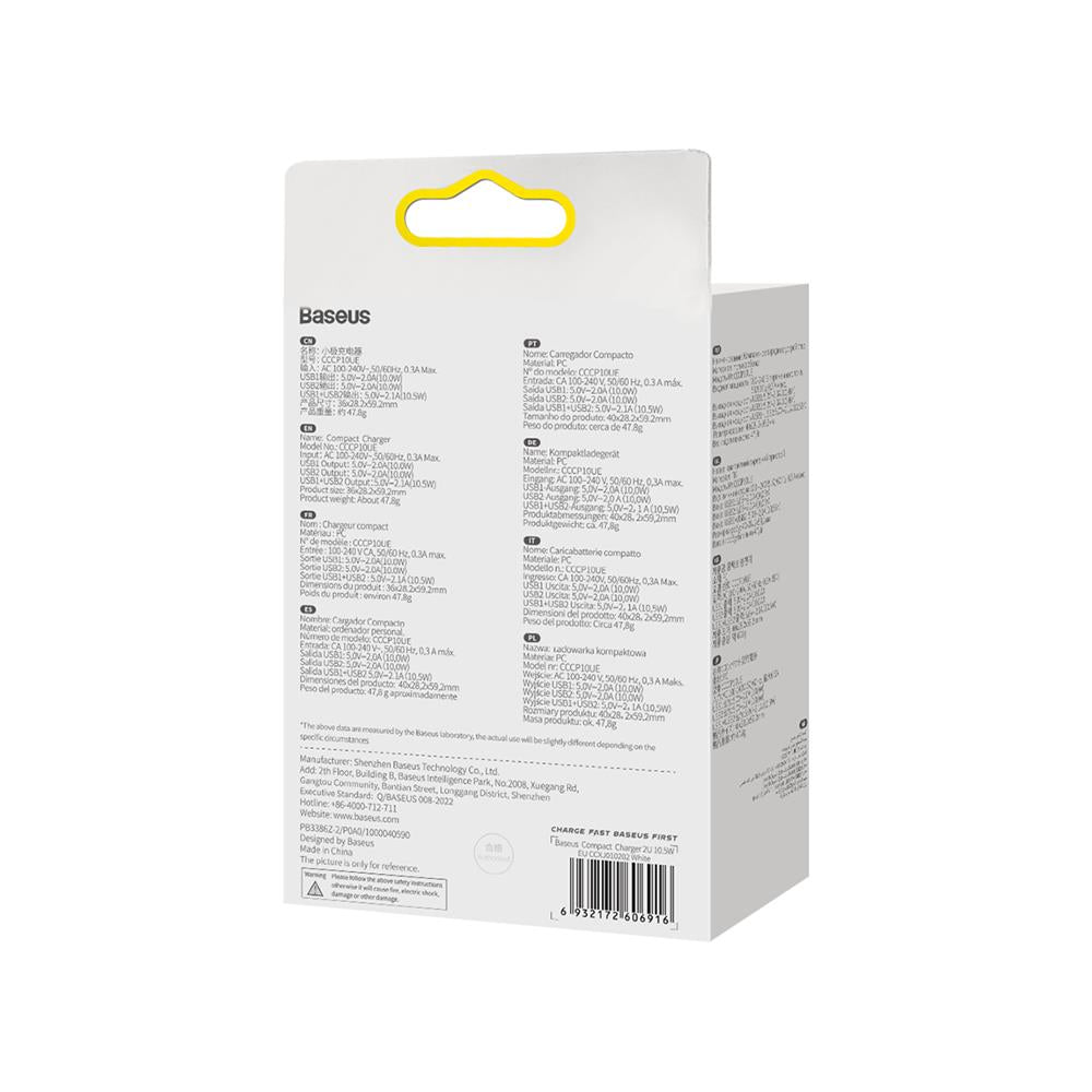 BASEUS ŁADOWARKA SIECIOWA COMPACT 2 X USB BIAŁA 10,5W