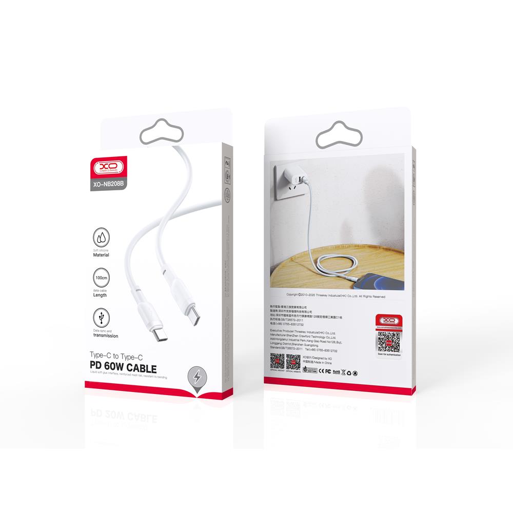 XO KABEL NB208B PD USB-C - USB-C 1,0M 60W BIAŁY