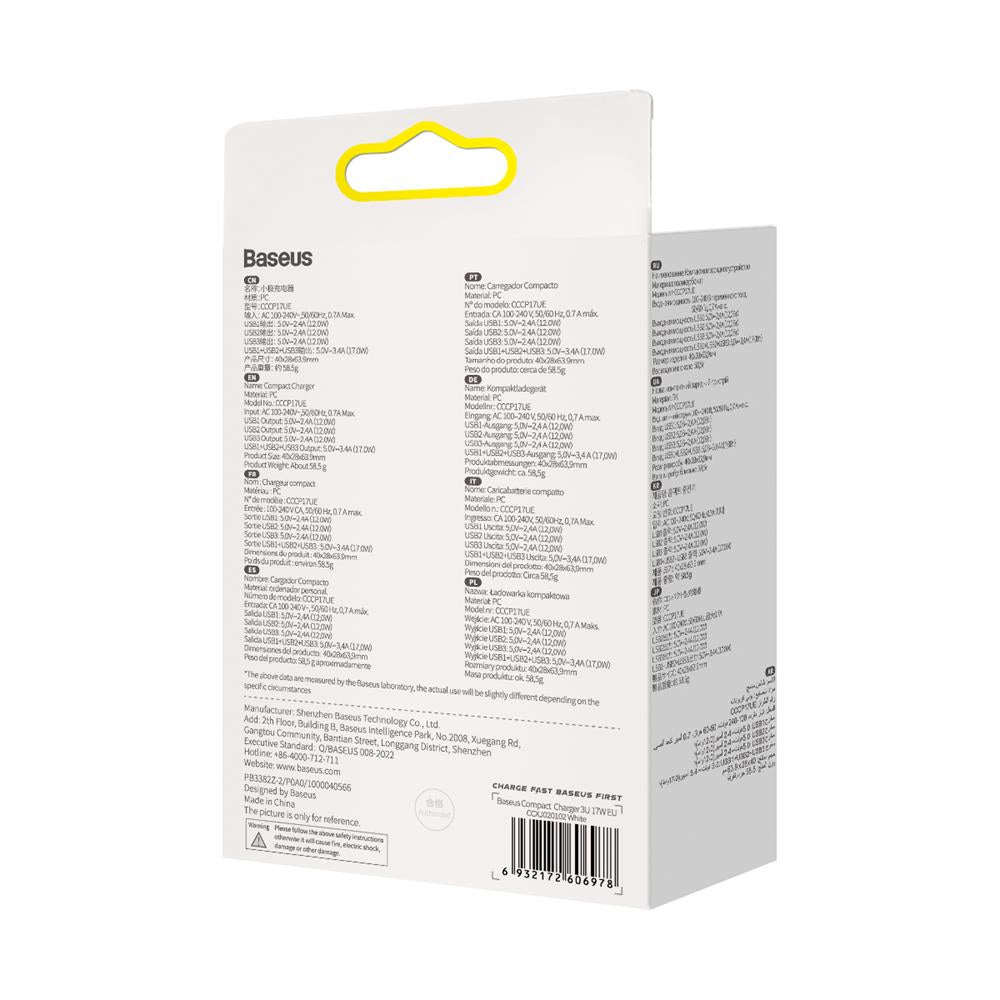 BASEUS ŁADOWARKA SIECIOWA COMPACT 3 X USB BIAŁA 17W