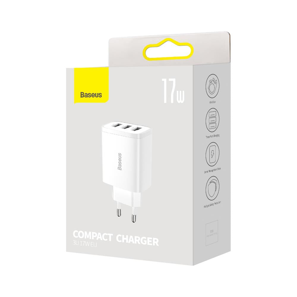 BASEUS ŁADOWARKA SIECIOWA COMPACT 3 X USB BIAŁA 17W