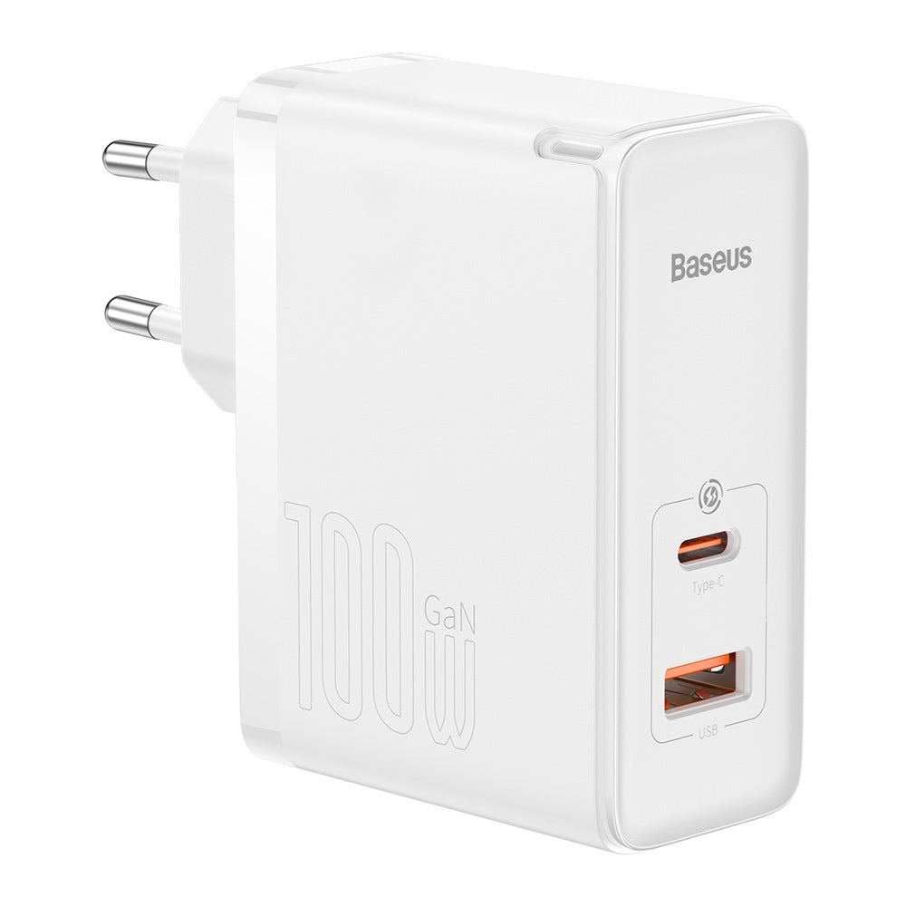 BASEUS ŁADOWARKA SIECIOWA GAN5 PRO PD 100W 1X USB-C 1X USB BIAŁA + KABEL USB-C - USB-C