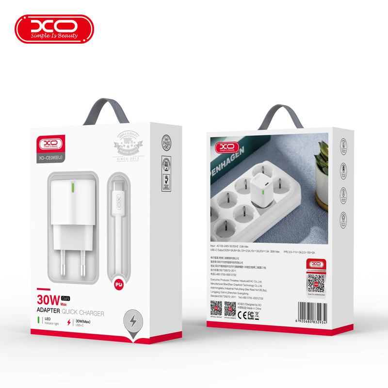 XO ŁADOWARKA SIECIOWA CE06 PD 30W 1X USB-C BIAŁA + KABEL USB-C - USB-C
