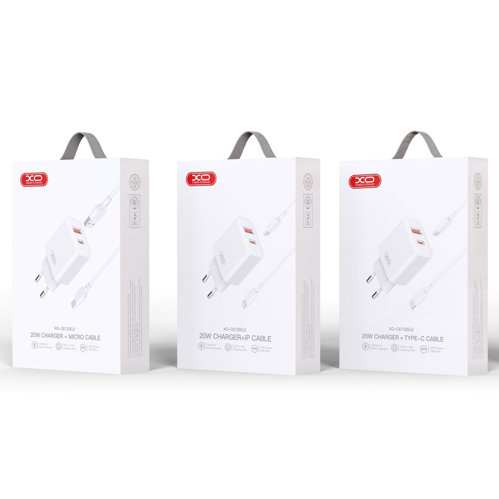 XO ŁADOWARKA SIECIOWA CE12 PD QC 3.0 20W 1X USB 1X USB-C BIAŁA + KABEL USB-C - LIGHTNING