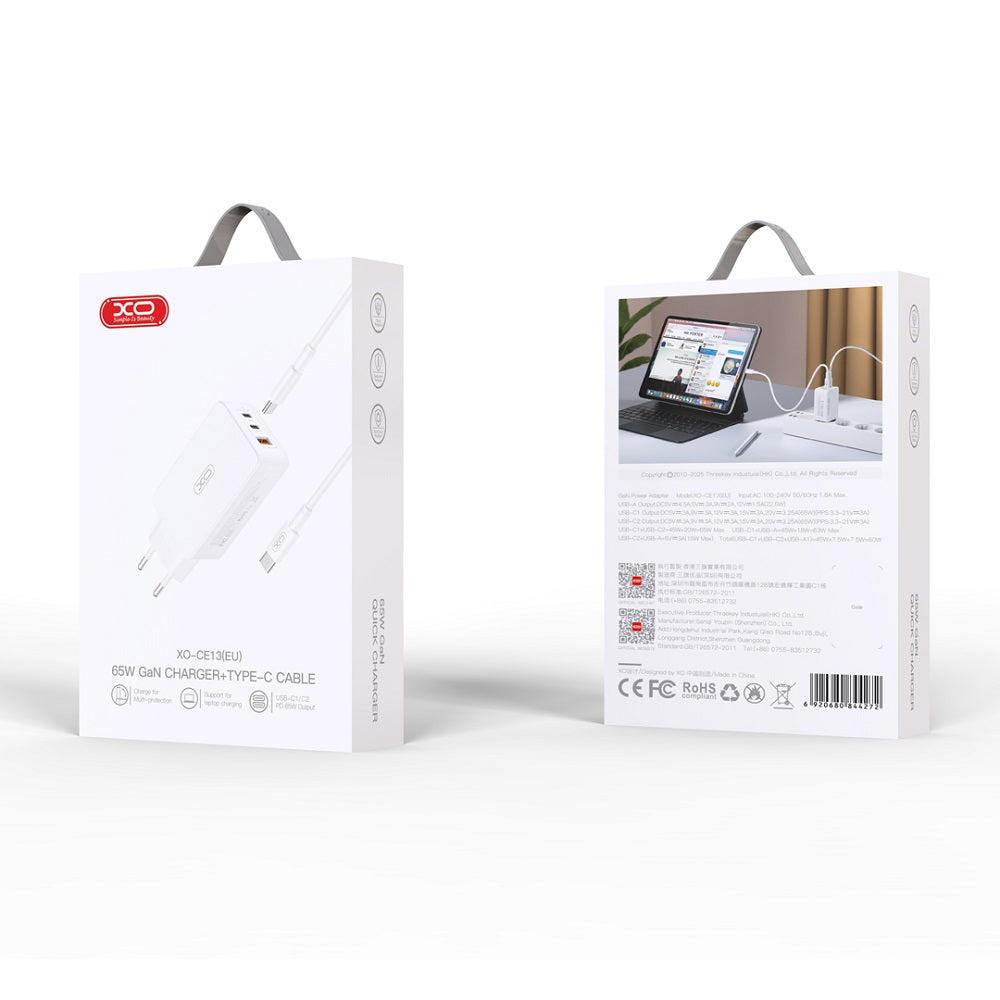 XO ŁADOWARKA SIECIOWA CE13 PD QC 3.0 65W 1X USB 2X USB-C BIAŁA + KABEL USB-C - USB-C