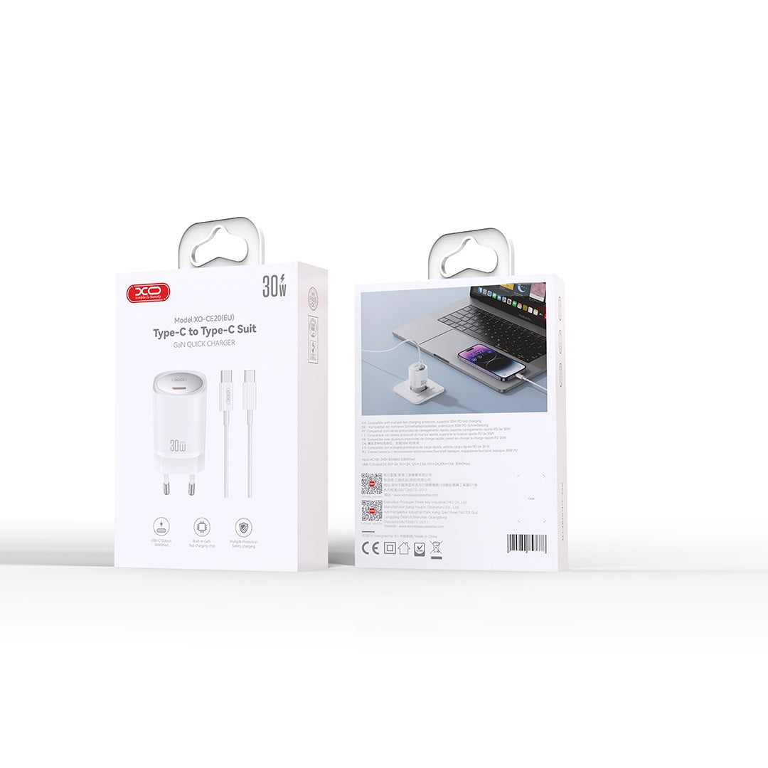 XO ŁADOWARKA SIECIOWA CE20 PD 30W 1X USB-C BIAŁA + KABEL USB-C - USB-C
