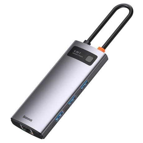BASEUS STACJA DOKUJĄCA METAL GLEAM SERIES 6-IN-1 MULTIFUNCTIONAL TYPE-C HUB SZARA(TYPE-C TO HDMI*1+USB3.0*3+PD*1+RJ45*1)