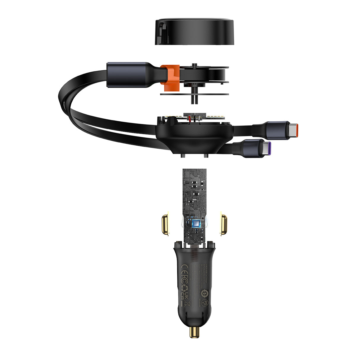 BASEUS ŁADOWARKA SAMOCHODOWA ENJOYMENT RETRACTABLE 2W1 30W CZARNA Z KABLEM 2X USB-C