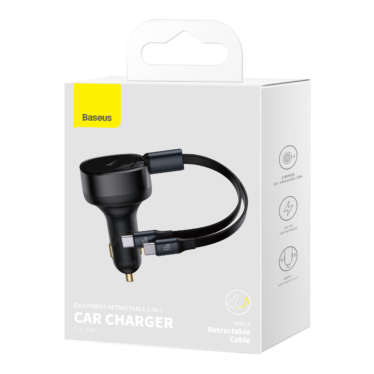 BASEUS ŁADOWARKA SAMOCHODOWA ENJOYMENT RETRACTABLE 2W1 30W CZARNA Z KABLEM 2X USB-C