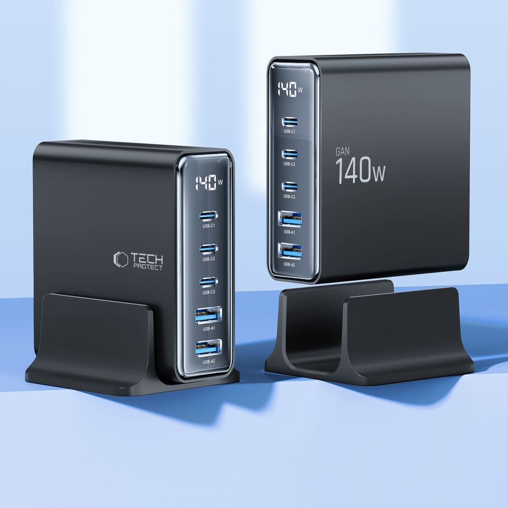 STACJA ZASILANIA TECH-PROTECT DC140W-GAN 5-PORT DESKTOP CHARGER PD140W/QC3.0 CZARNA
