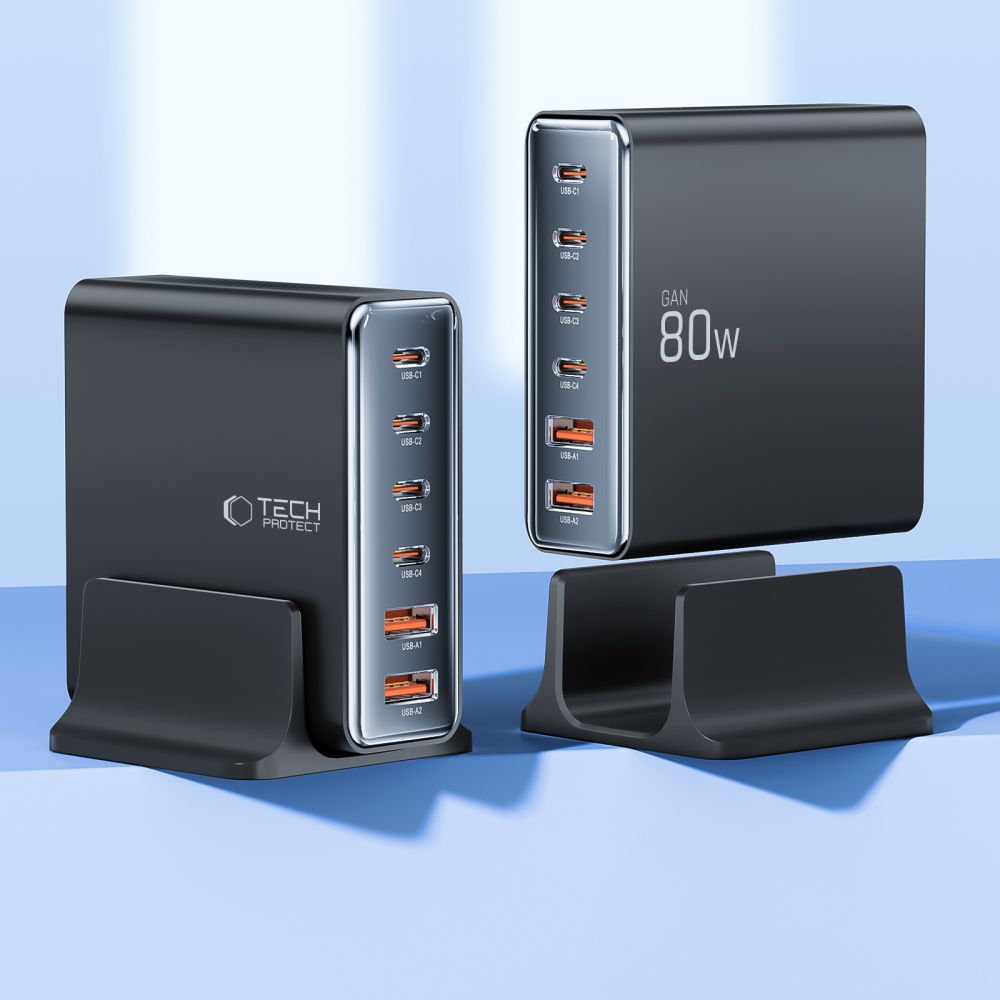 STACJA ŁADOWANIA ŁADOWARKA TECH-PROTECT DC80W-GAN 6-PORT DESKTOP CHARGER PD80W/QC3.0 CZARNA