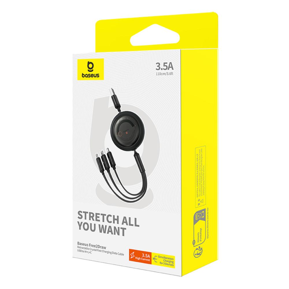 BASEUS KABEL FREE2DRAW RETRACTABLE CRYSTAL FAST CHARGING DATA CABLE USB TO M+L+C 100W 1.1M CLUSTER CZARNY