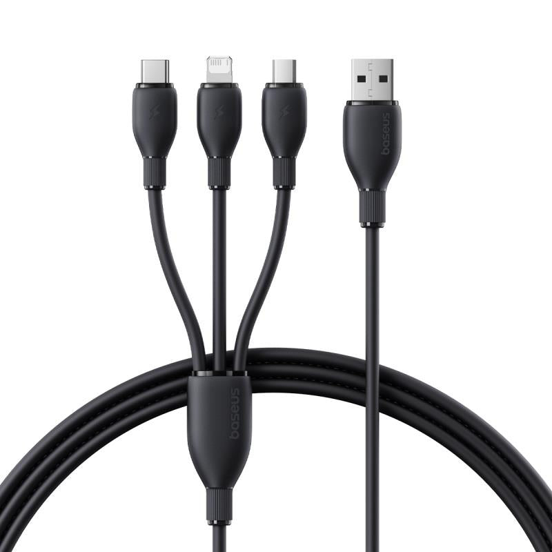 BASEUS KABEL ULTRA-SZYBKIEGO ŁADOWANIA ONE-FOR-THREE USB-A DO M+L+C 3.5A 0.8M CZARNY