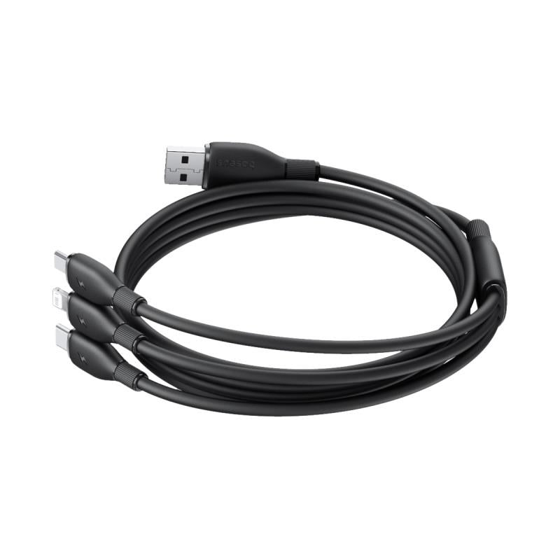 BASEUS KABEL ULTRA-SZYBKIEGO ŁADOWANIA ONE-FOR-THREE USB-A DO M+L+C 3.5A 0.8M CZARNY