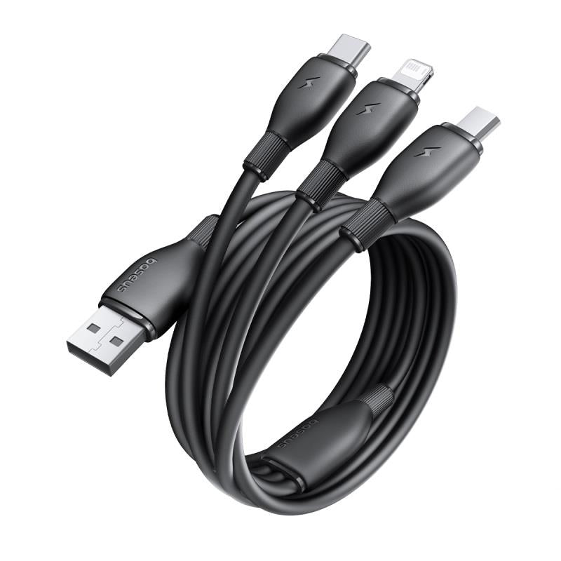 BASEUS KABEL ULTRA-SZYBKIEGO ŁADOWANIA ONE-FOR-THREE USB-A DO M+L+C 3.5A 0.8M CZARNY