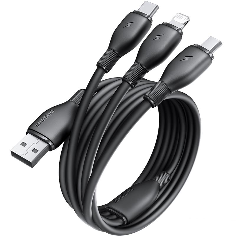 BASEUS KABEL ULTRA-SZYBKIEGO ŁADOWANIA ONE-FOR-THREE USB-A DO M+L+C 3.5A 0.8M CZARNY