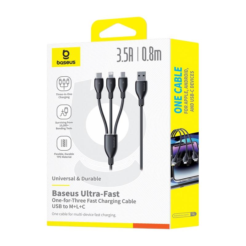 BASEUS KABEL ULTRA-SZYBKIEGO ŁADOWANIA ONE-FOR-THREE USB-A DO M+L+C 3.5A 0.8M CZARNY