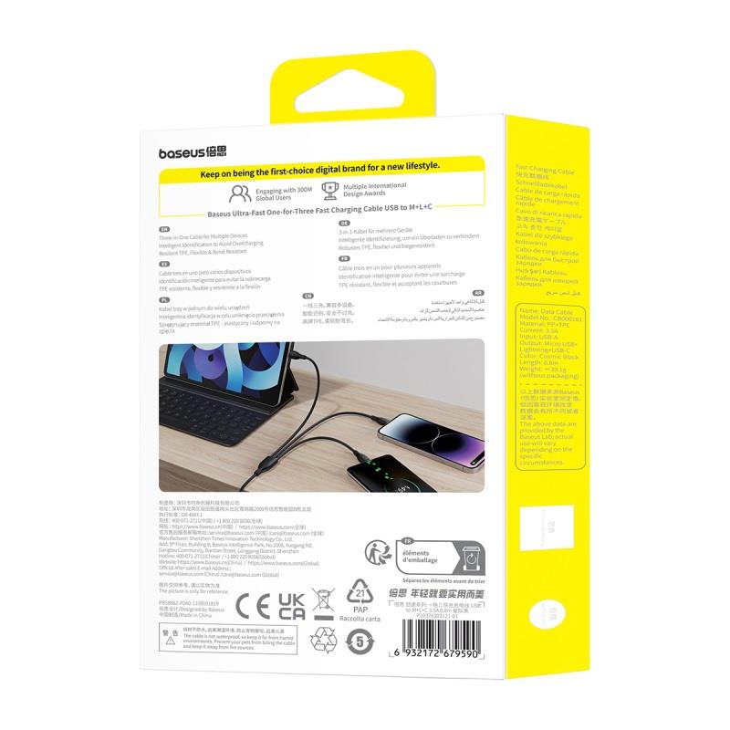 BASEUS KABEL ULTRA-SZYBKIEGO ŁADOWANIA ONE-FOR-THREE USB-A DO M+L+C 3.5A 0.8M CZARNY