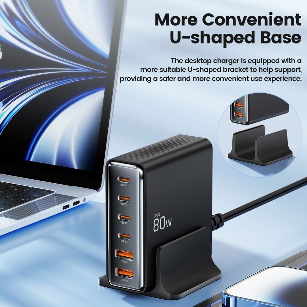 STACJA ŁADOWANIA ŁADOWARKA TECH-PROTECT DC80W-GAN 6-PORT DESKTOP CHARGER PD80W/QC3.0 CZARNA