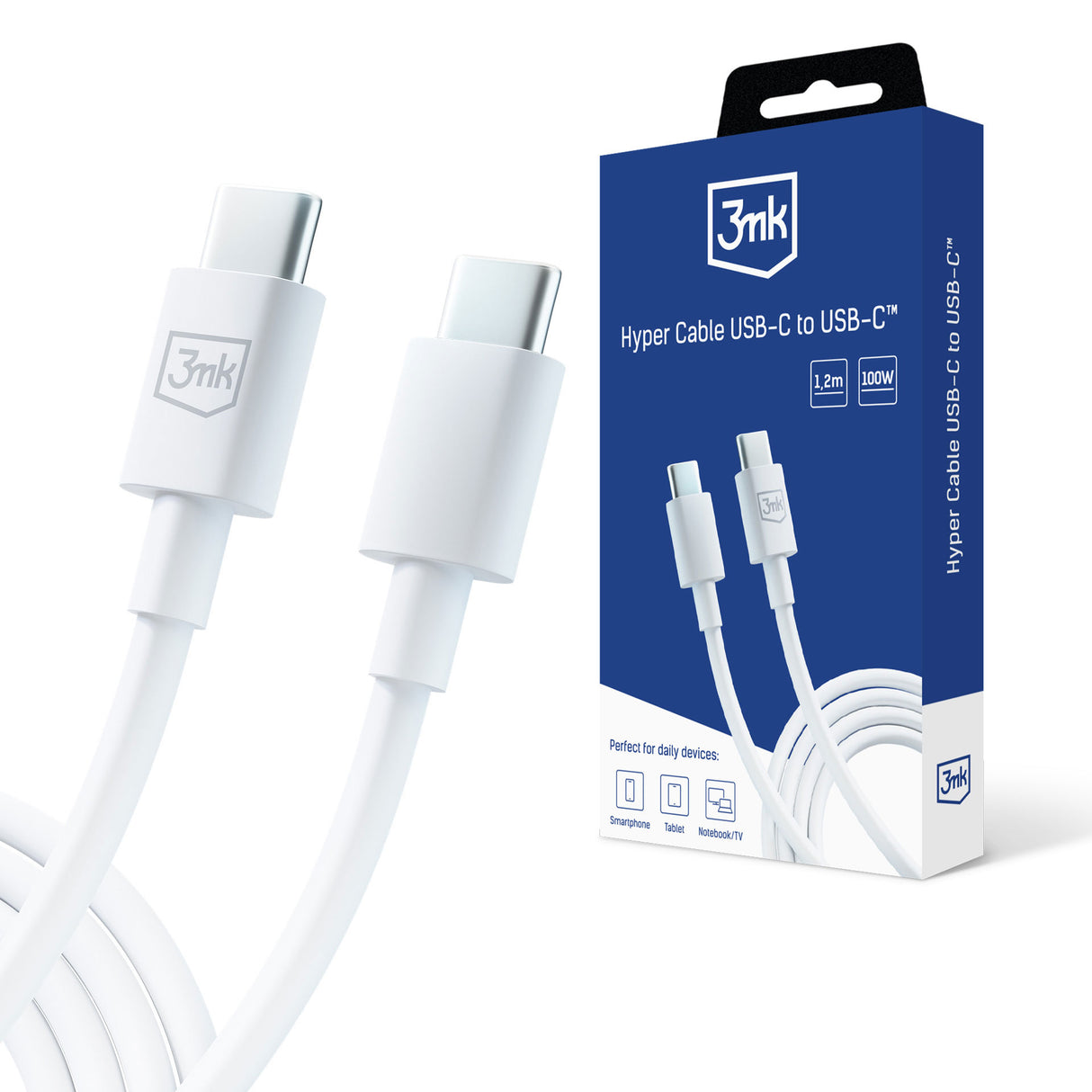 KABEL 3MK HYPER CABLE C TO C 100W 1.2M WHITE BIAŁY