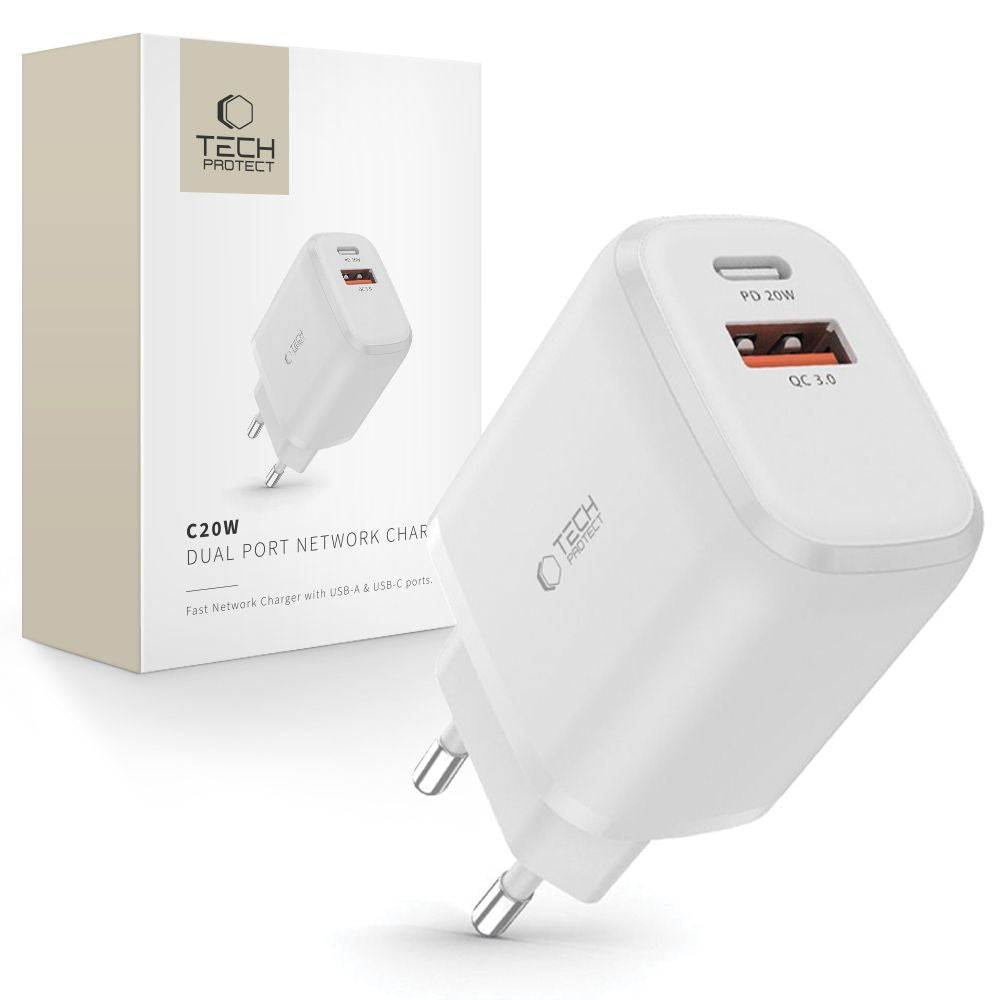 ŁADOWARKA SIECIOWA TECH-PROTECT C20W 2-PORT NETWORK CHARGER PD20W/QC3.0 BIAŁA