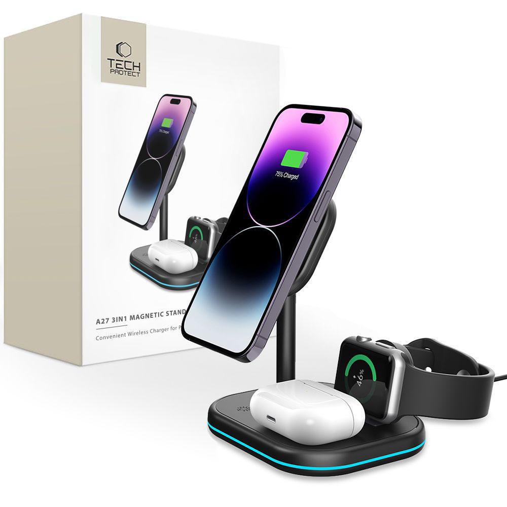 ŁADOWARKA INDUKCYJNA 3W1 TECH-PROTECT QI15W-A27 3IN1 MAGNETIC MAGSAFE WIRELESS CHARGER CZARNA