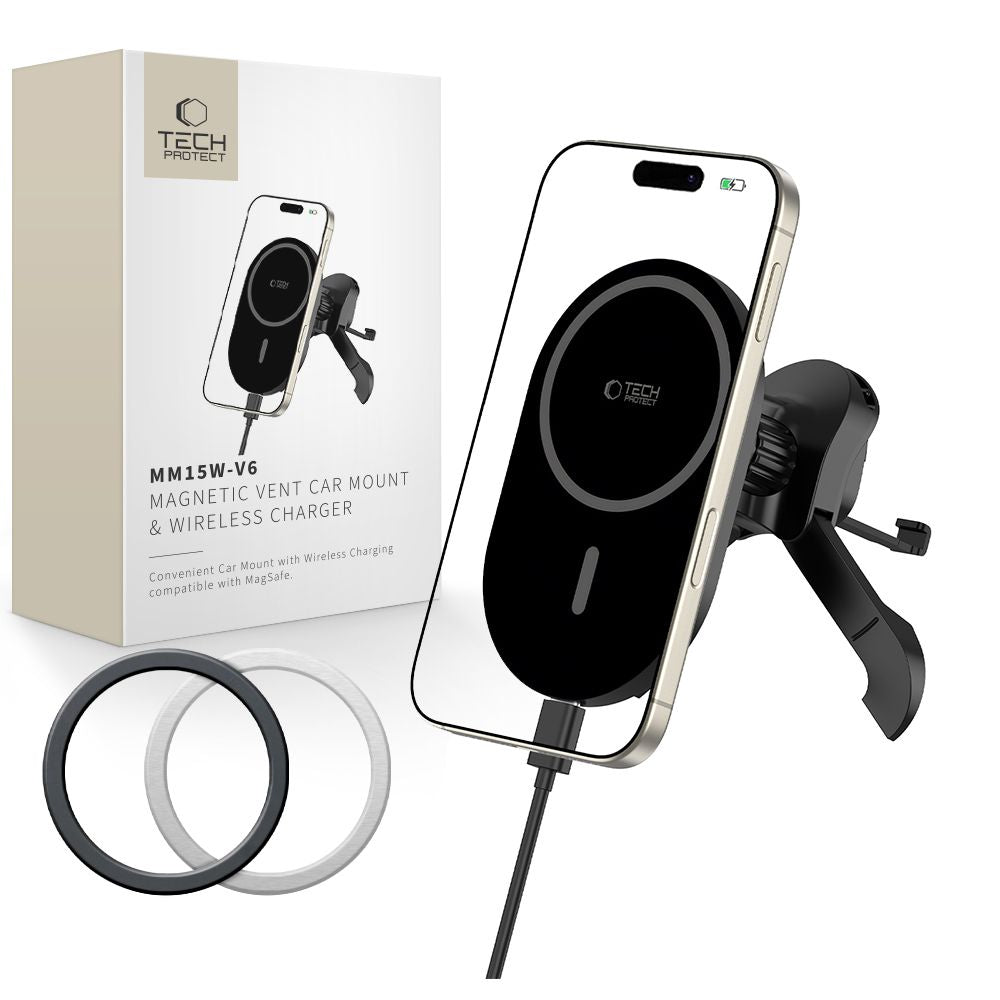 UCHWYT SAMOCHODOWY Z ŁADOWANIEM INDUKCYJNYM TECH-PROTECT MM15W-V6 MAGNETIC MAGSAFE STABLE VENT CAR MOUNT WIRELESS CHARGER 15W CZARNY