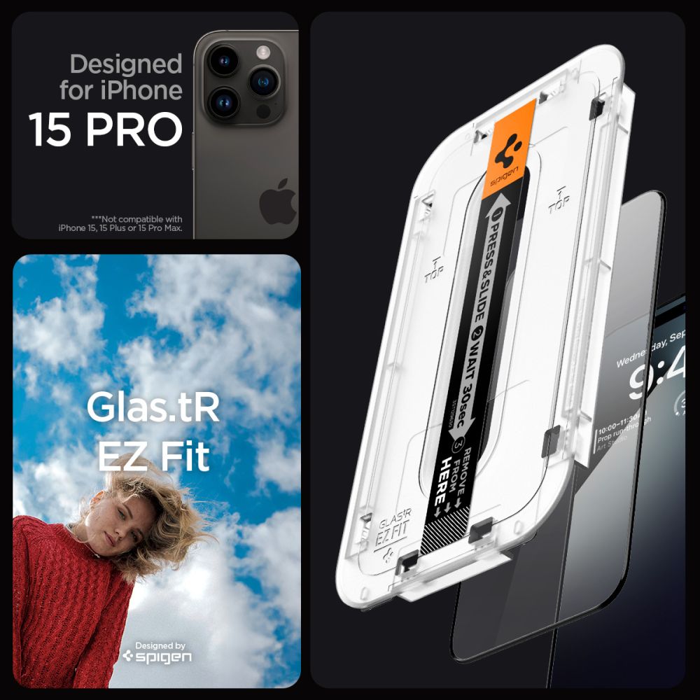 SZKŁO HARTOWANE SPIGEN GLAS.TR ”EZ FIT” FC 2-PACK IPHONE 15 PRO BLACK CZARNA RAMKA