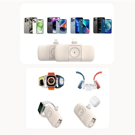 MINI POWERBANK WOZINSKY WF16-YCS 5000MAH 15W USB-C Z WBUDOWANYM KABLEM USB-C I ŁADOWARKĄ DO APPLE WATCH - BEŻOWY