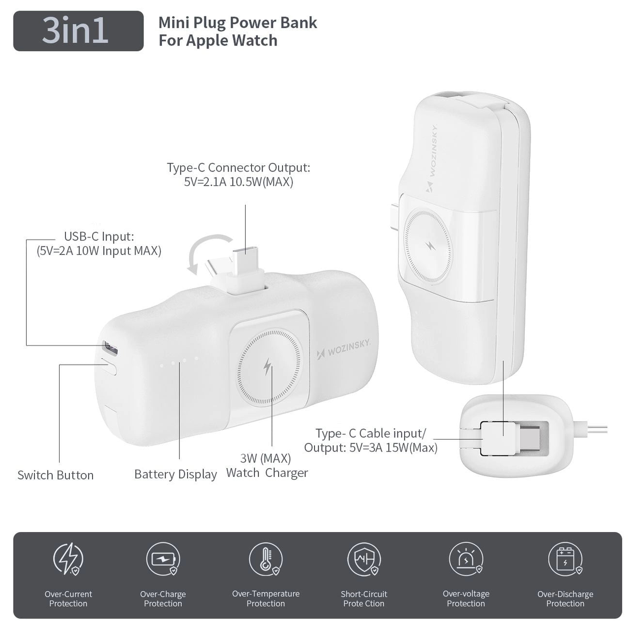 MINI POWERBANK WOZINSKY WF16-YCS 5000MAH 15W USB-C Z WBUDOWANYM KABLEM USB-C I ŁADOWARKĄ DO APPLE WATCH - BIAŁY