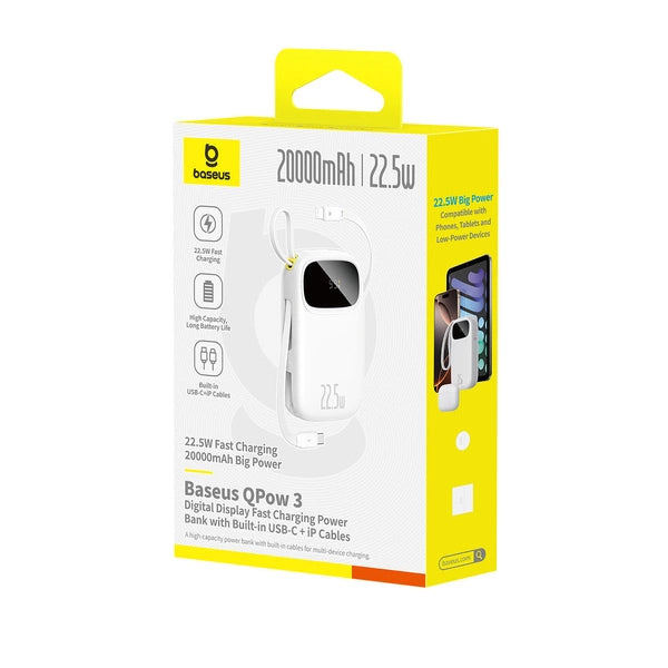 POWERBANK BASEUS ENERFILL FC31 20000MAH 22.5W Z WYŚWIETLACZEM CYFROWYM I 2 WBUDOWANYMI KABLAMI (USB-C + LIGHTNING) - BIAŁY