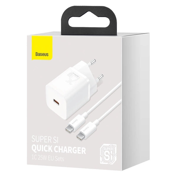 ŁADOWARKA SIECIOWA BASEUS SI USB-C 25W 3A Z KABLEM USB-C / USB-C 1M - BIAŁA
