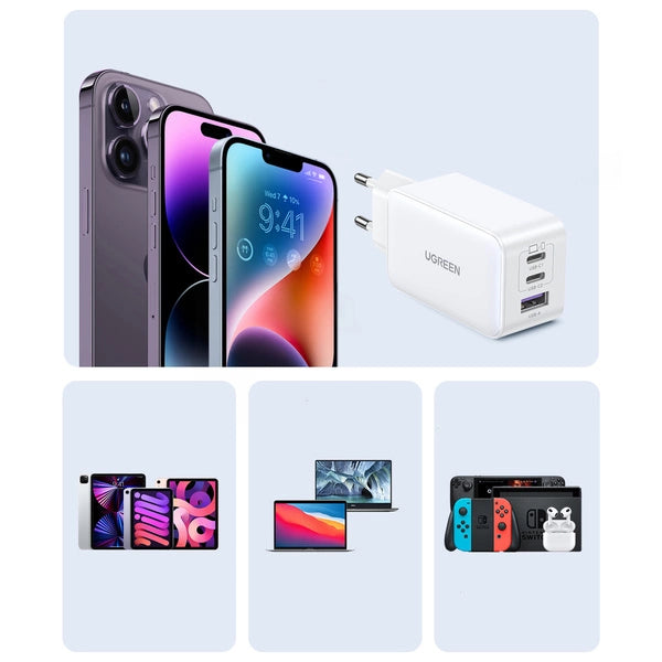 SZYBKA ŁADOWARKA SIECIOWA GAN UGREEN CD244 65W USB-A/ 2X USB-C BIAŁA