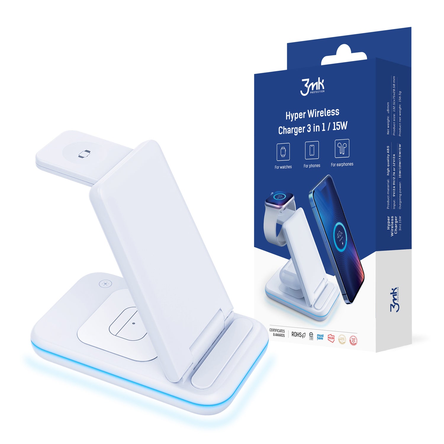 ŁADOWARKA INDUKCYJNA 3MK HYPER WIRELESS CHARGER 3W1 15W NA SMARTFON / SMARTWATCH / SŁUCHAWKI - BIAŁA