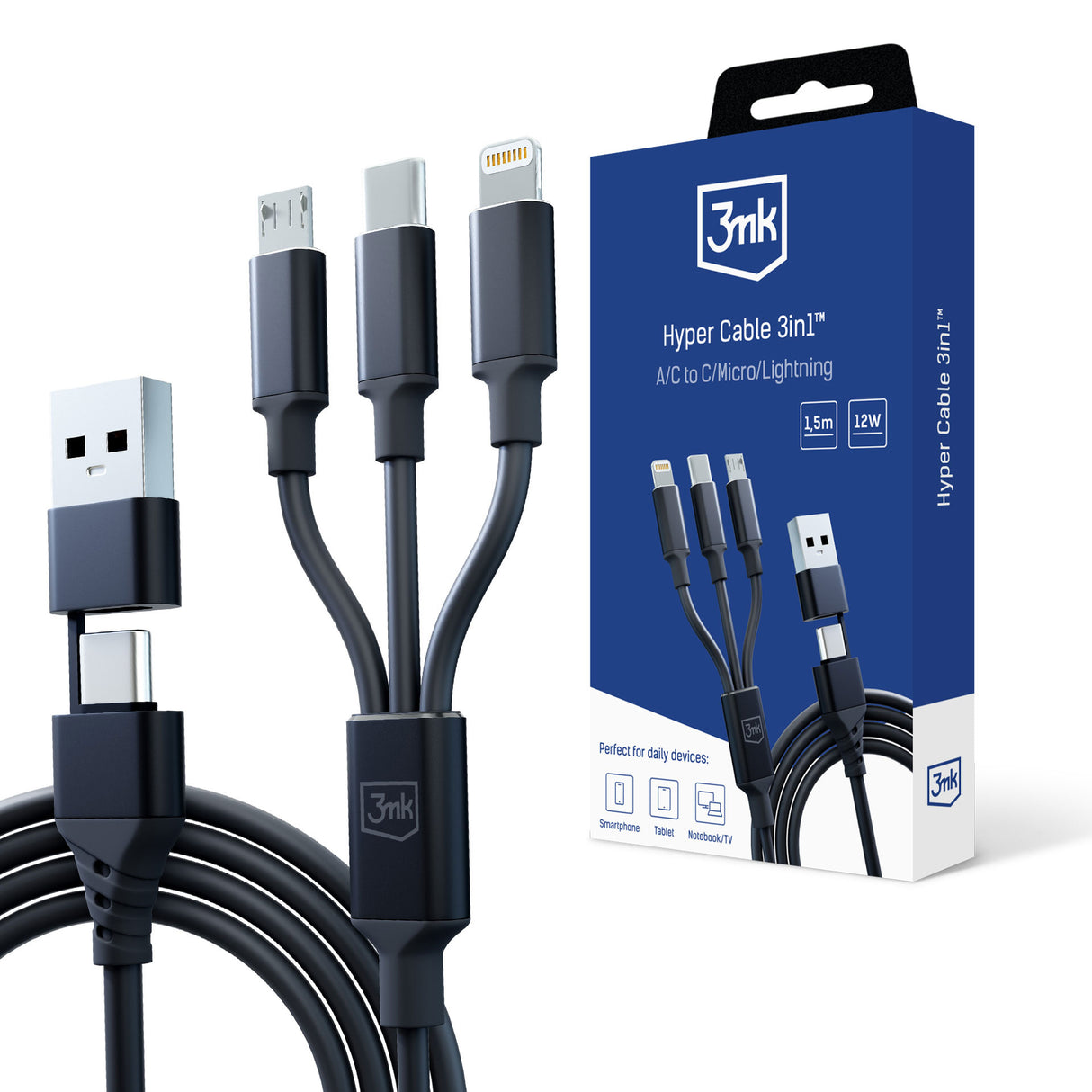 KABEL 3W1 3MK HYPER CABLE 3IN1 A/C TO C/MICRO/LIGHTNING 1.5M BLACK CZARNY