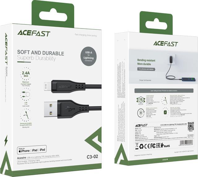 KABEL USB DO LIGHTINING ACEFAST C3-02, MFI, 2.4A, 1.2M CZARNY ACEFAST