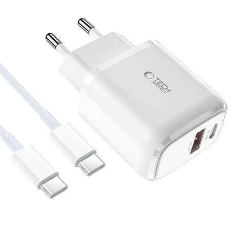 ŁADOWARKA SIECIOWA TECH-PROTECT C20W 2-PORT NETWORK CHARGER PD20W/QC3.0 + TYPE-C KABEL BIAŁA