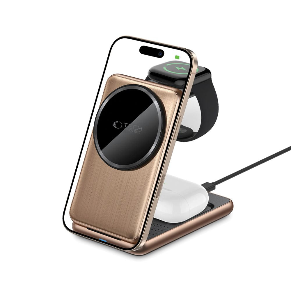 ŁADOWARKA INDUKCYJNA 3W1 TECH-PROTECT QI15W-A42 3IN1 MAGNETIC MAGSAFE WIRELESS CHARGER ZŁOTA