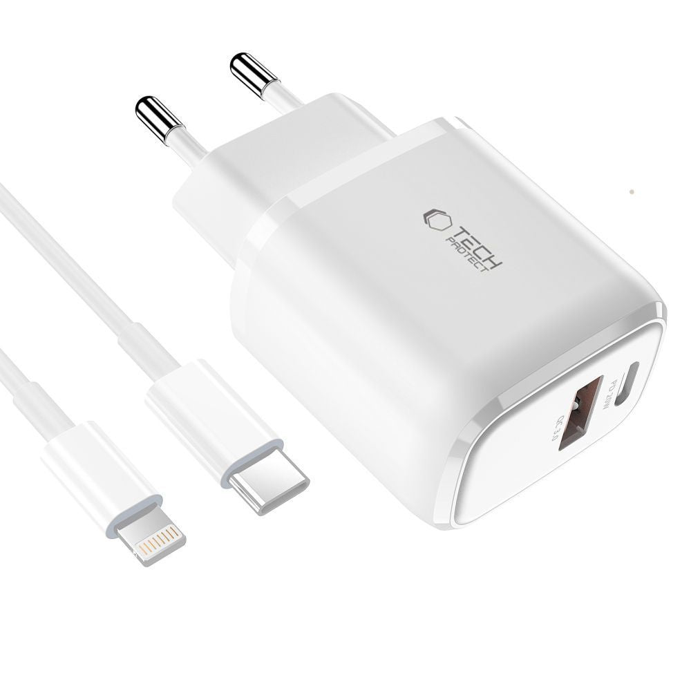 ŁADOWARKA SIECIOWA TECH-PROTECT C20W 2-PORT NETWORK CHARGER PD20W/QC3.0 + LIGHTNING KABEL BIAŁA