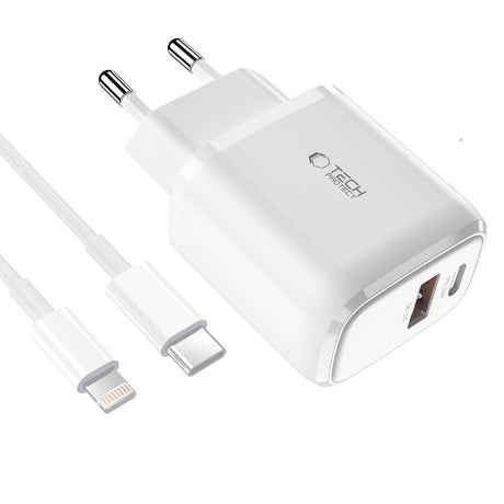 ŁADOWARKA SIECIOWA TECH-PROTECT C20W 2-PORT NETWORK CHARGER PD20W/QC3.0 + LIGHTNING KABEL BIAŁA